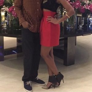 Red high waisted mini skirt